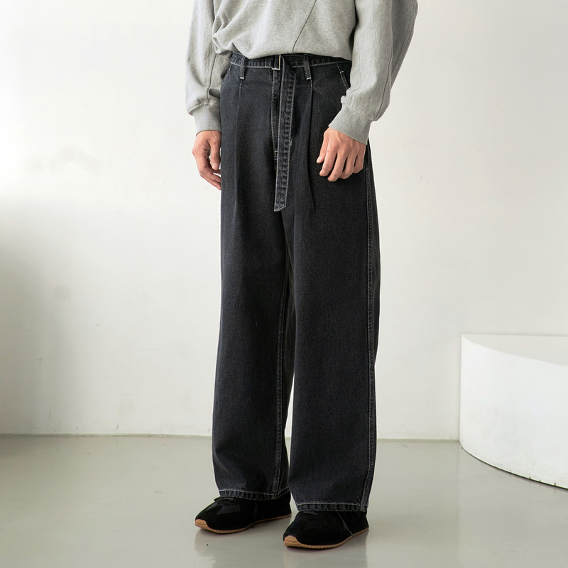 belted wide denim pants (charcoal/white stitch)