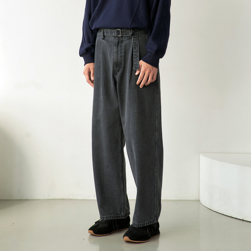 belted wide denim pants (grey/black stitch)