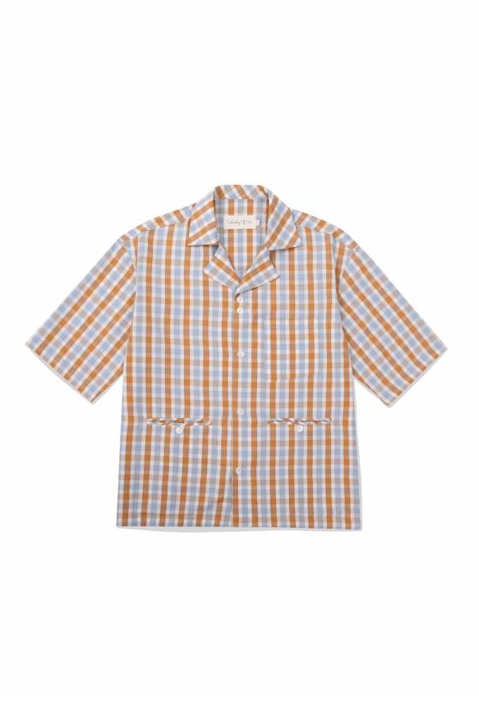 Multi Pocket Open Collar Check Shirt Orange Blue